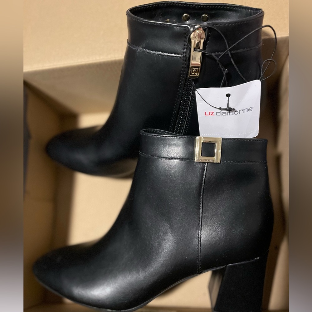 Liz Claiborne Macomb Black Booties, Buckle Trim, Size 6.5 Wide, New in Box.